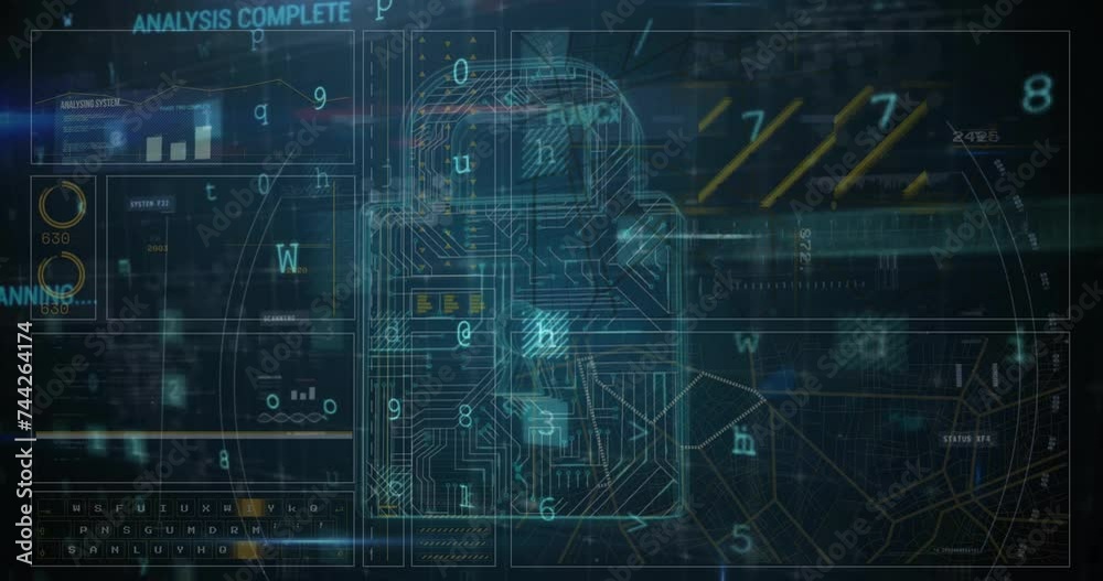 Animation of padlock and digital data processing over computer servers Animation of padlock and digital data processing over computer servers