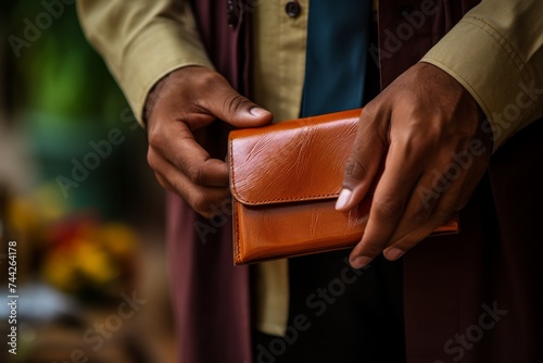A sophisticated businessman dressed in a formal suit showcasing a high-quality brown leather wallet, embodying success, elegance, and financial achievement. photo
