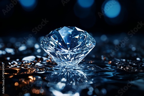 Single Diamond with Glowing Light Effect and Water Droplets Reflecting on Black Background, Creating a Visual Contrast and Elegance, Ideal for Luxury Jewelry Advertisement.