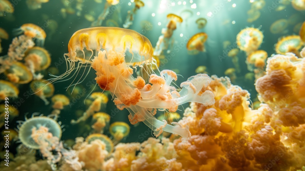 Naklejka premium Exotic jellyfish swim in an aquarium that is illuminated, charming view. underwater shot