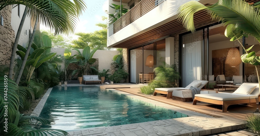 Calming Ambiance of a Modern Courtyard with Pool in an Apartment Setting Calming Ambiance of a Modern Courtyard with Pool in an Apartment Setting