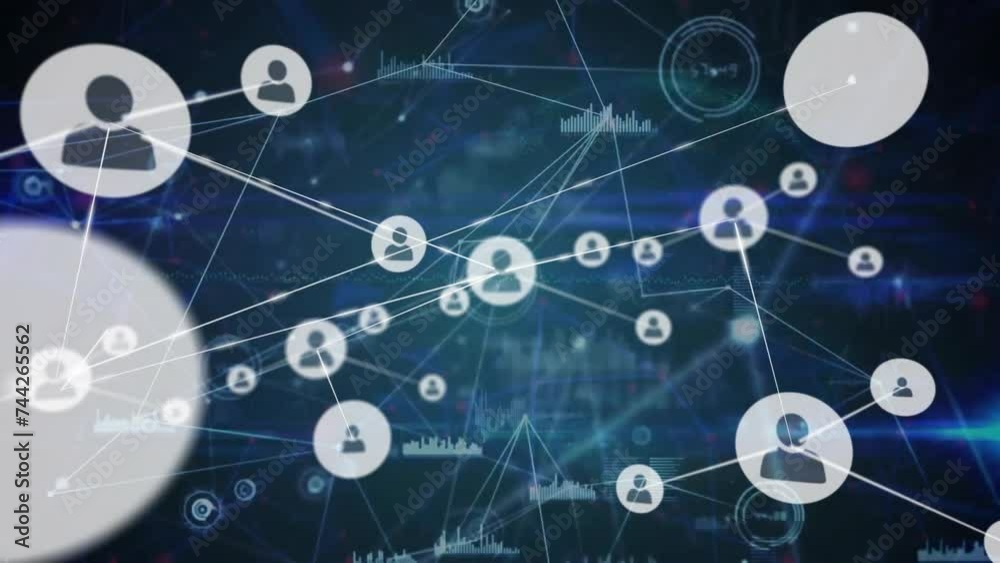 Animation of network of connections with icons and data processing over globe Animation of network of connections with icons and data processing over globe