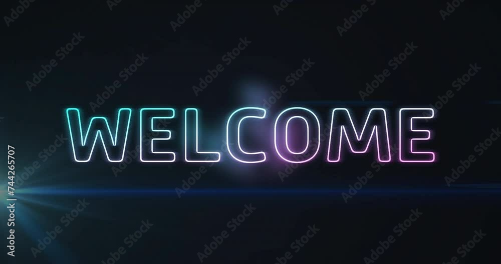 Animation of welcome neon text over light trails on dark background Animation of welcome neon text over light trails on dark background