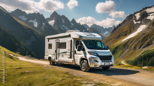 modern van, motor home on a background of mountains, road, travel, transport, car, camper, caravan, recreational vehicle, trailer, tourism, nature, beauty, wheels