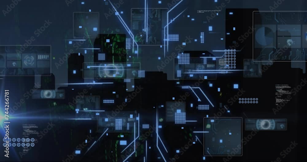 Animation of digital data processing and circuit board over computer servers Animation of digital data processing and circuit board over computer servers