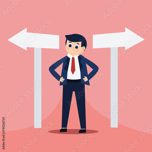 Vector illustration of a confused businessman trying to determine a direction, depicting the process of business decision-making