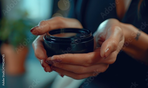Close up of female hands holding cosmetic jar with cream. Concept of skin care.