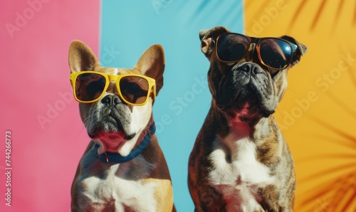 two dogs in sunglasses on a colored background. close-up. © TheoTheWizard