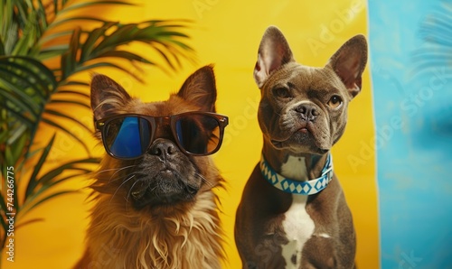 Cute dogs with sunglasses on yellow background, closeup. Summer vacation © TheoTheWizard