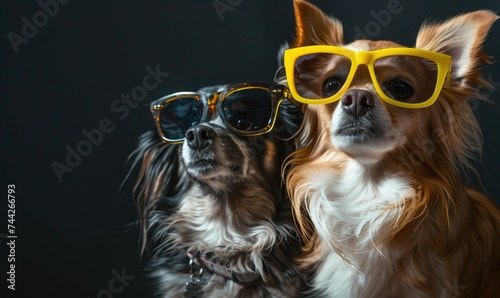 Two dogs in sunglasses on a black background. Close-up.
