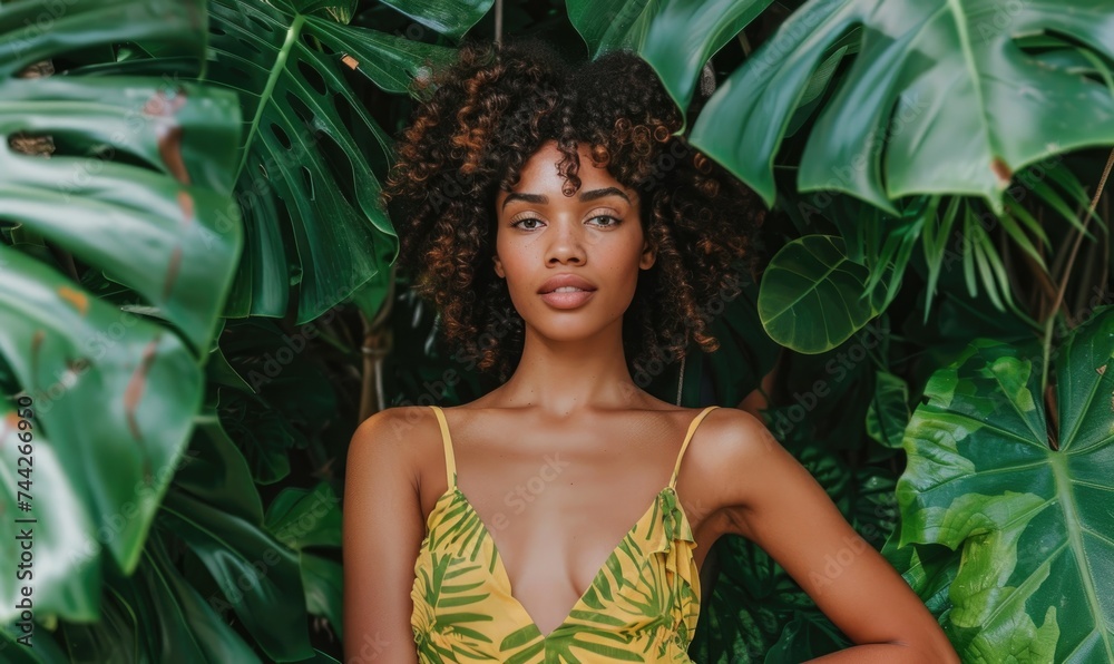 beautiful african american woman looking at camera while posing among tropical leaves