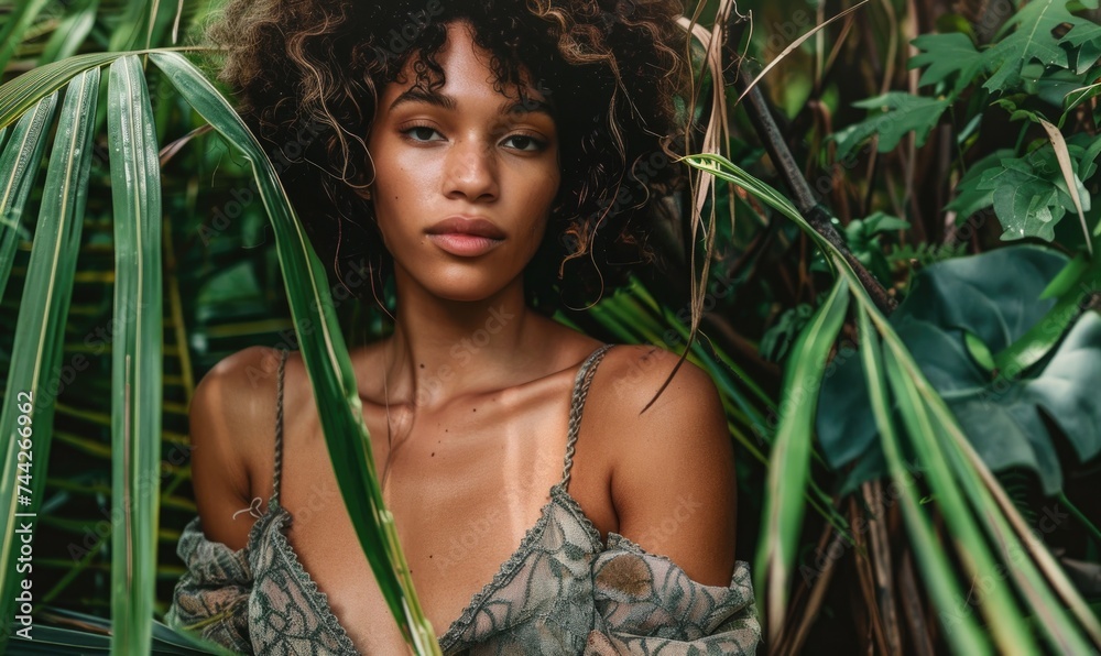 beautiful african american woman looking at camera while posing among tropical leaves beautiful african american woman looking at camera while posing among tropical leaves