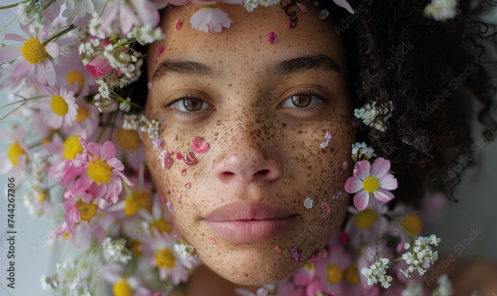 Obraz premium Close-up portrait of a beautiful young african american woman with wreath of flowers