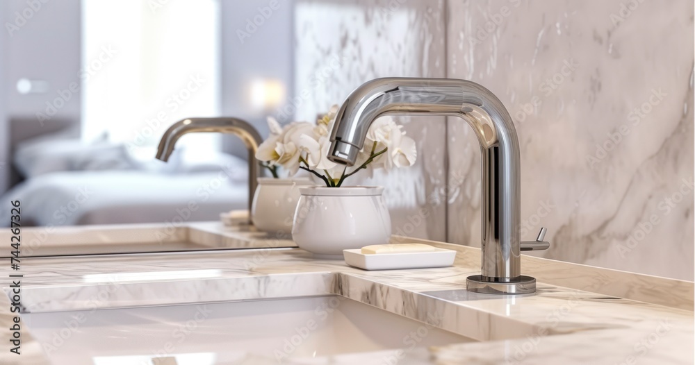 The Harmony of a Mirror-Attached Faucet Above a Marble Sink in a Contemporary Bathroom The Harmony of a Mirror-Attached Faucet Above a Marble Sink in a Contemporary Bathroom
