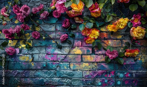 Beautiful pink and yellow flowers on the brick wall, vintage style