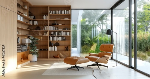 Contemporary Comfort - A Spacious Living Space Adorned with a Wooden Bookshelf and Designer Chair, Bathed in Natural Light