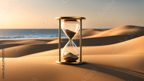 Isolated Desert Background. 3D Hourglass with Sand Countdown. Contemporary Illustration of Business Time Management and Scheduling