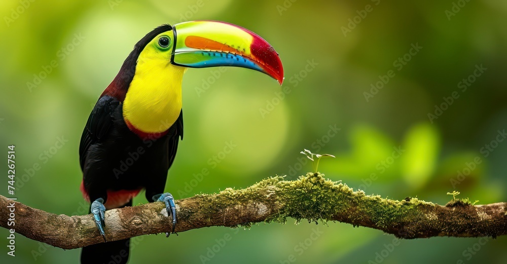 Fototapeta premium The Keel-Billed Toucan or Ramphastos sulfuratus, Perched Amidst Lush Greenery in Boca Tapada