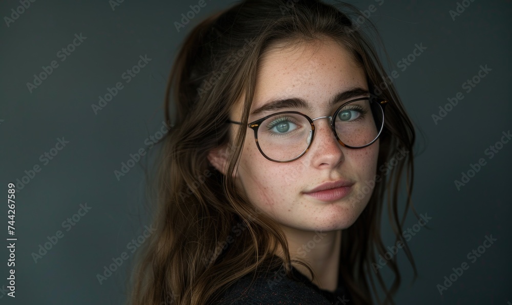 Portrait of a beautiful young woman with long hair and glasses. Portrait of a beautiful young woman with long hair and glasses.