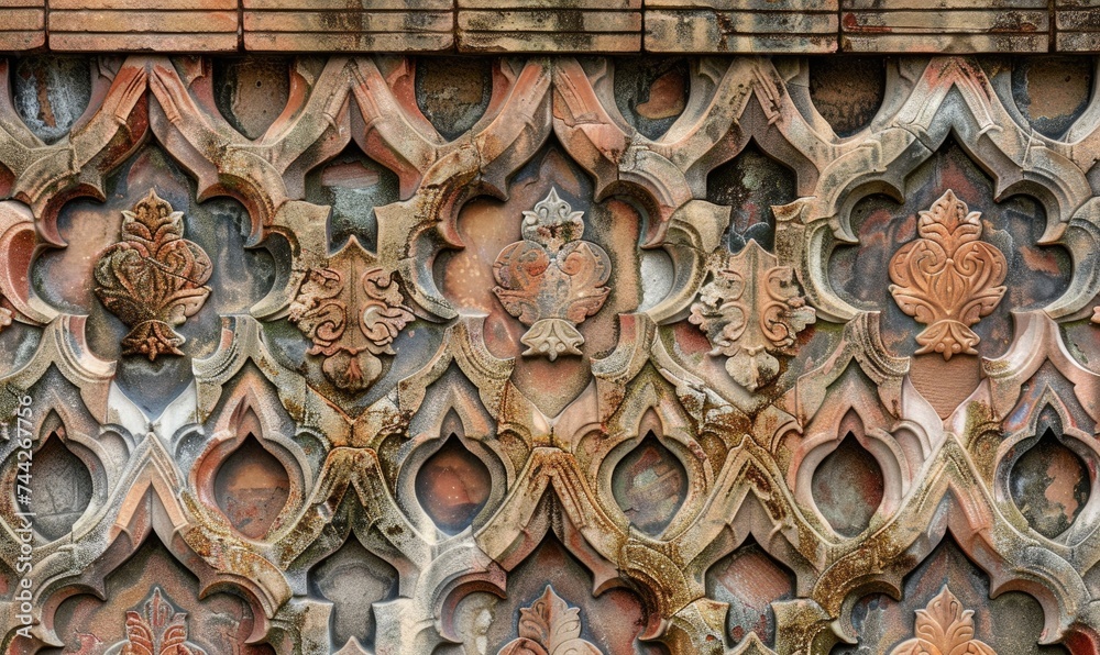 Fragment of the facade of an old brick building with a decorative ornament.