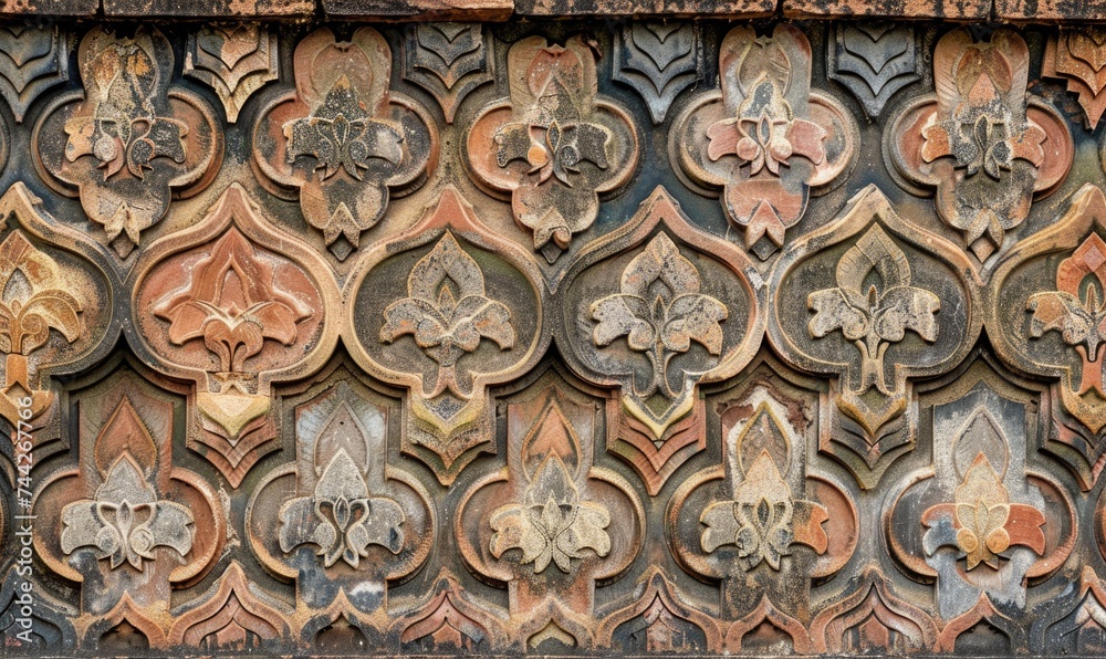 Fragment of the facade of an old brick building with a decorative ornament.