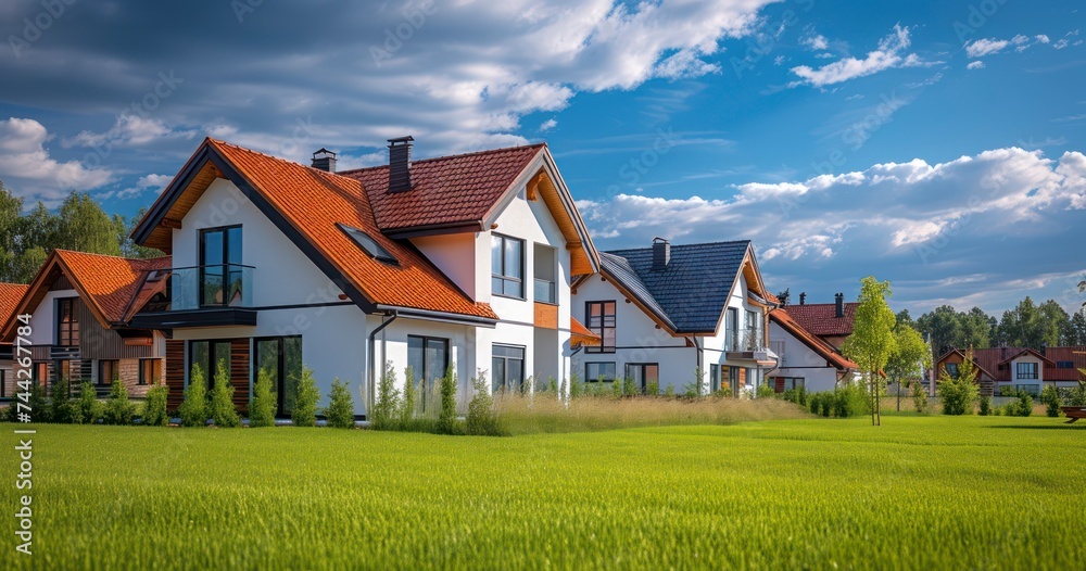 A Serene Backyard with Verdant Grass and a Charming Garden House Under a Cloud-Filled Blue Sky A Serene Backyard with Verdant Grass and a Charming Garden House Under a Cloud-Filled Blue Sky