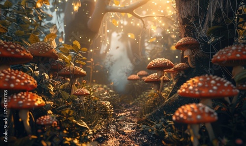 Red fly agaric mushrooms in autumn forest. Fantasy forest nature background
