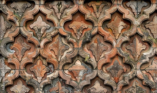 Fragment of the facade of an old brick building with a decorative ornament.