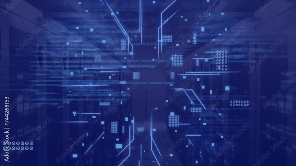 Animation of circuit board and data processing over computer servers