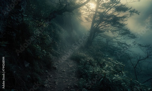 Mysterious dark forest with mossy trees and fog in the background