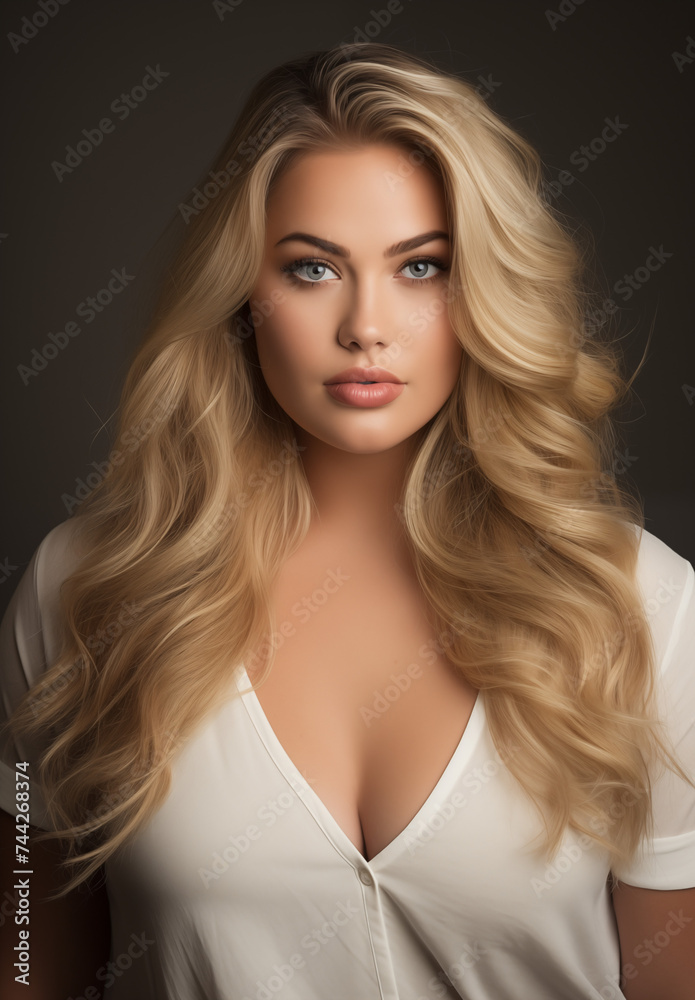 Portrait of a Beautiful Blonde Woman with Voluminous Hair and Blue Eyes, Confident Pose Against a Dark Background Portrait of a Beautiful Blonde Woman with Voluminous Hair and Blue Eyes, Confident Pose Against a Dark Background