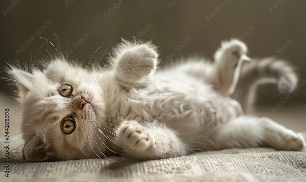 Cute white british shorthair cat lying on the floor and looking up - obrazy, fototapety, plakaty 