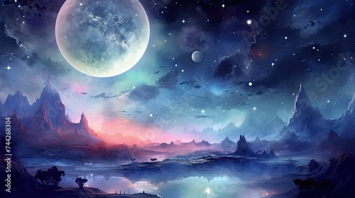 Alien Planets and Galaxy, Moonlit Night Landscape. Science Fiction Background Wallpaper