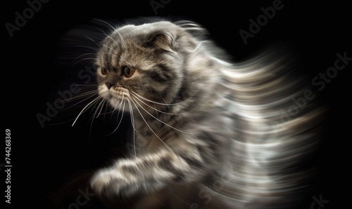 Persian cat on a black background. Fluffy pet in motion.