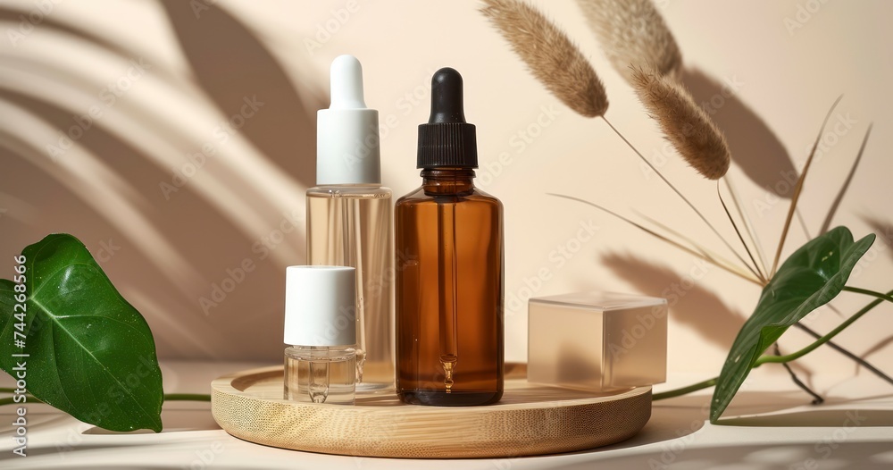 An Amber Glass Bottle with Dropper, Delicately Set on a Wooden Tray Against a Beige Pampas Grass Background An Amber Glass Bottle with Dropper, Delicately Set on a Wooden Tray Against a Beige Pampas Grass Background