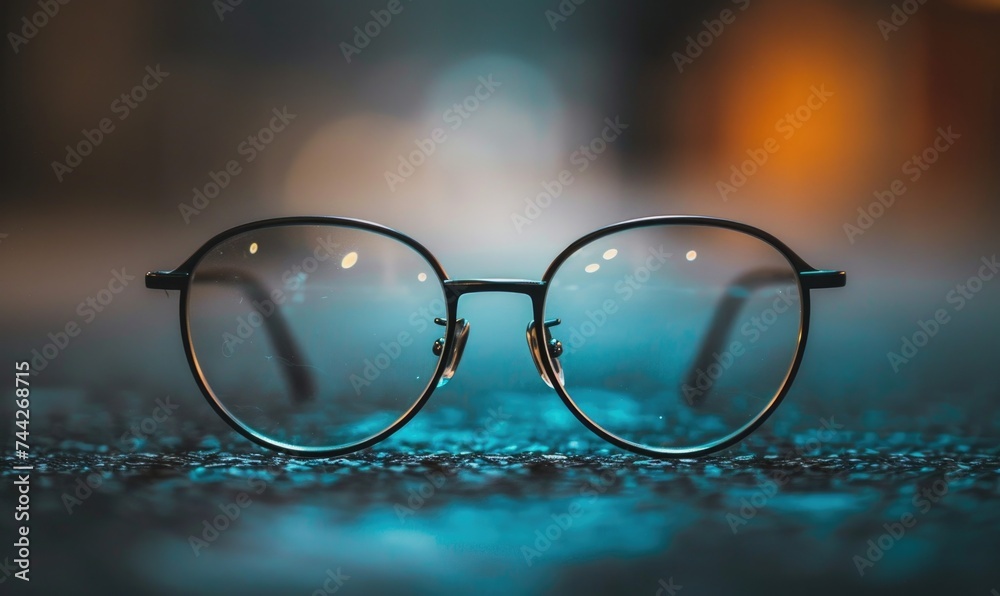 Glasses on table in the office with blue bokeh background Glasses on table in the office with blue bokeh background