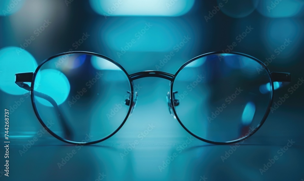Glasses on table in the office with blue bokeh background