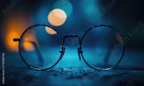 Glasses on table in the office with blue bokeh background