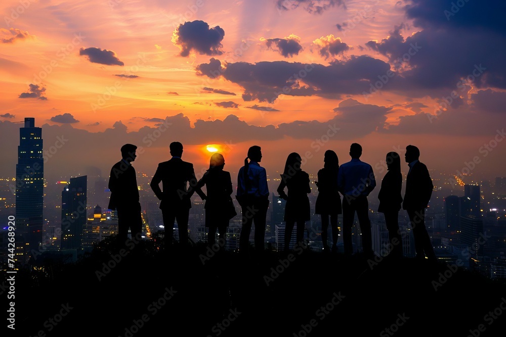 Silhouetted business team against a backdrop of a city skyline Symbolizing successful partnerships and corporate achievements