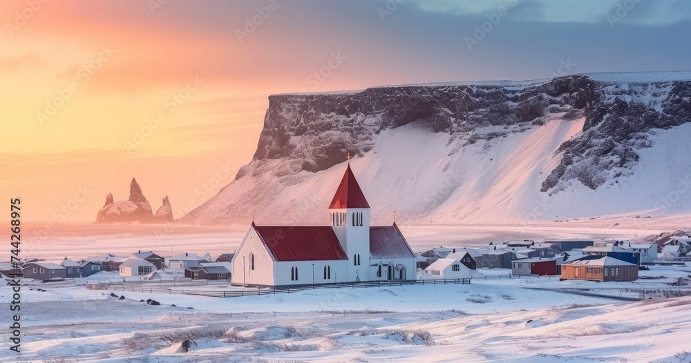 The Enchanting Glow of Sunset Over a Quaint Village, Its Church, and Surrounding Snowy Cliffs - obrazy, fototapety, plakaty 