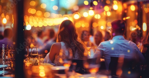 A Lively Crowd Immersed in Restaurant Party Ambiance on a Hazy Background