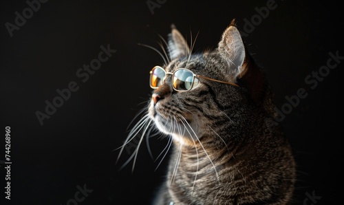 Portrait of a cute cat with glasses on a dark background.