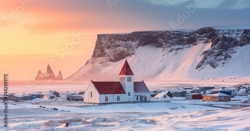 The Enchanting Glow of Sunset Over a Quaint Village, Its Church, and Surrounding Snowy Cliffs