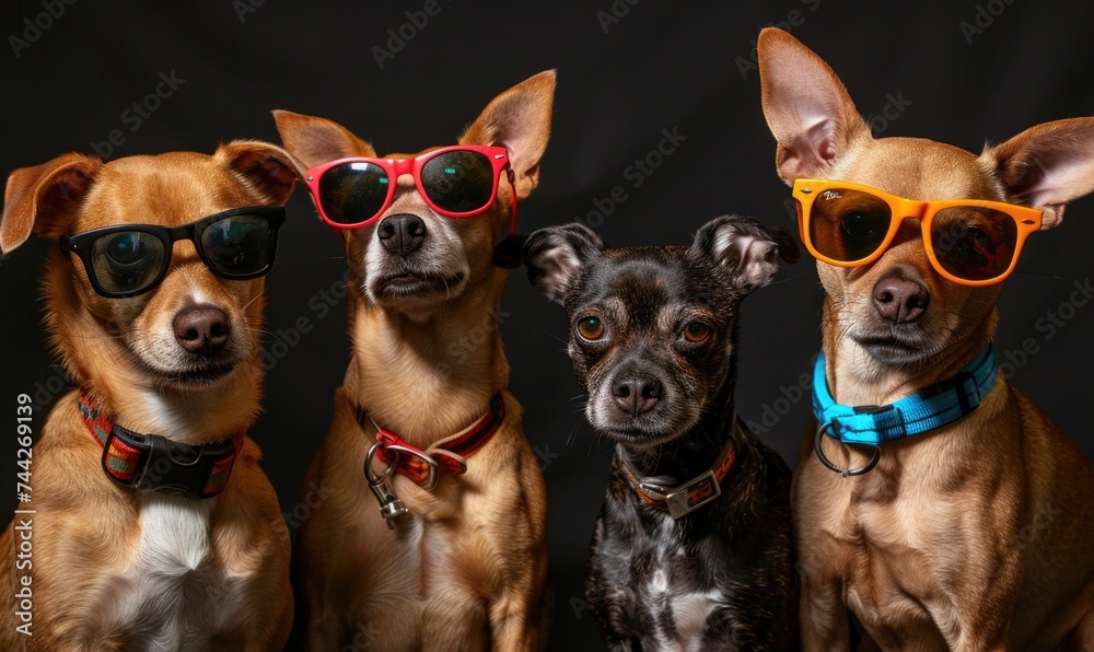 Group of dogs with sunglasses on a black background. Close-up.
