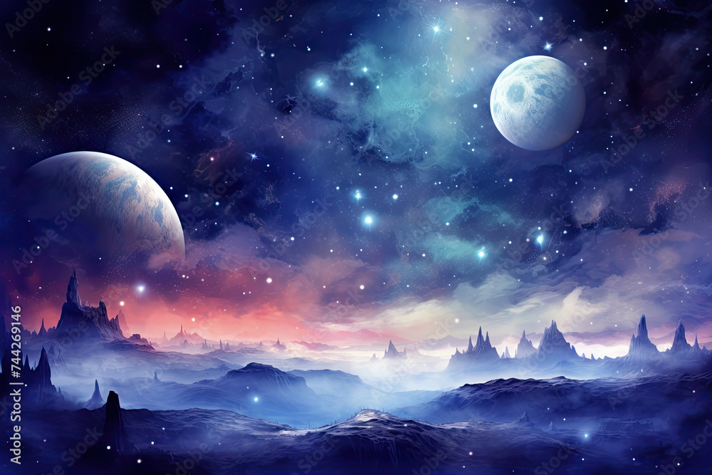 Alien Planets and Galaxy, Moonlit Night Landscape. Science Fiction Background Wallpaper - obrazy, fototapety, plakaty 