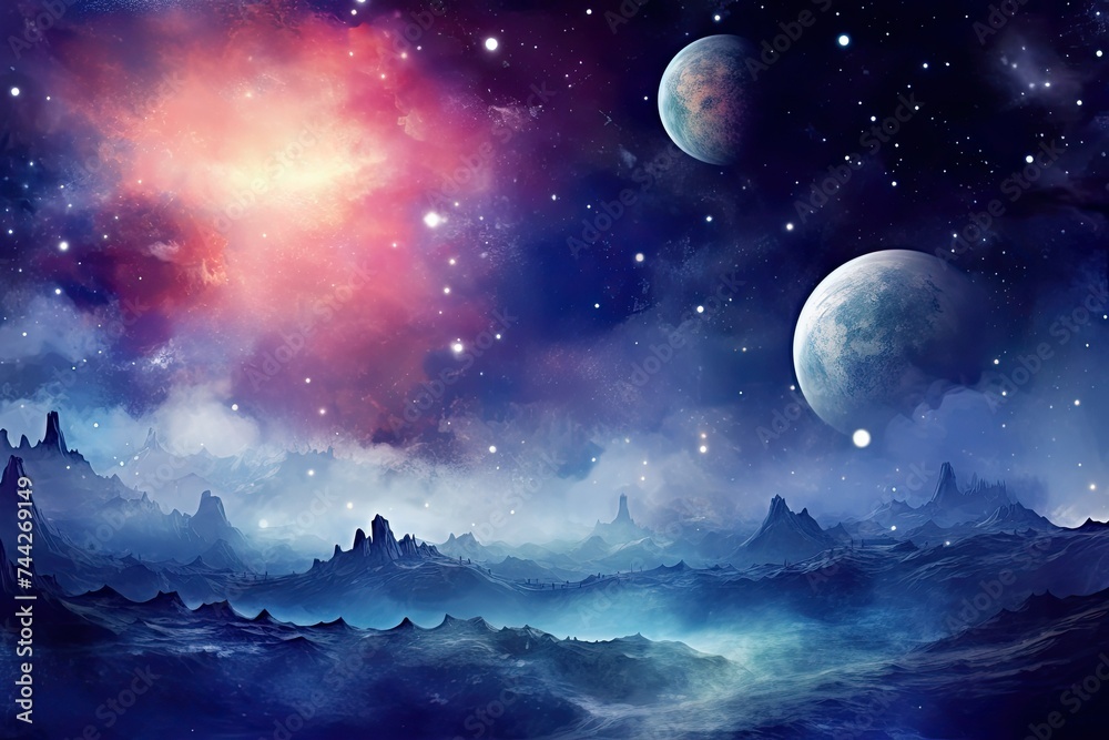 Alien Planet Landscape, View of Another Planet with Stars and Nebula. Science Fiction Cosmic Background Wallpaper