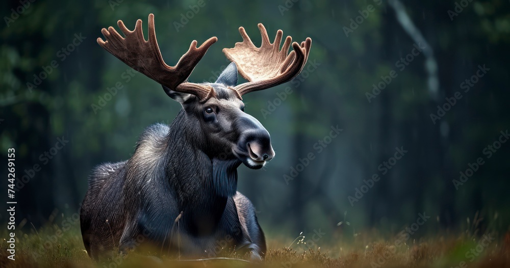 The Graceful Presence of an Elk in the Murky Depths of a Rain-Drenched Forest