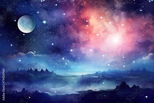 Alien Planet Landscape, View of Another Planet with Stars and Nebula. Science Fiction Cosmic Background Wallpaper