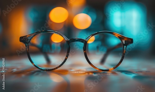 Eyeglasses on the table with bokeh light background.