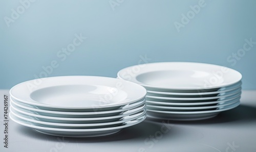 Set of silver round plates on a white fabric background. Selective focus.